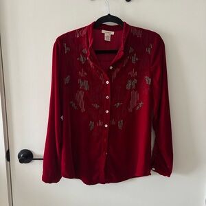 Sundance Red Velvet Beaded & Embroidered Button Down XS Boho Western Cowgirl